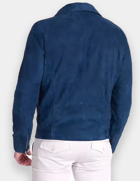 Men's Blue Suede Leather Jacket 100% Pure Suede Soft Leather Moto Biker Jacket